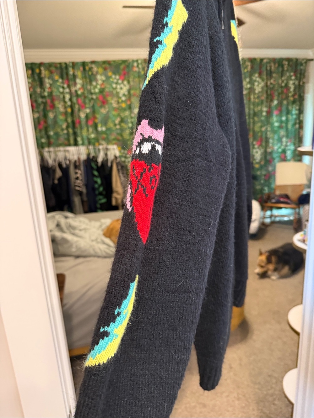 Betsey Johnson Black Zip Hoodie Cardigan with Multicolor Sleeve Motifs - Picture 3 of 4